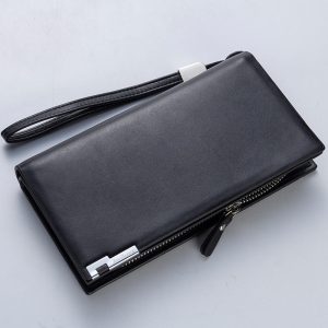 Long Men Clutch Wallet with Wristband Bifold Business Wallet High Grade PU Leather Big Zipper Pocket